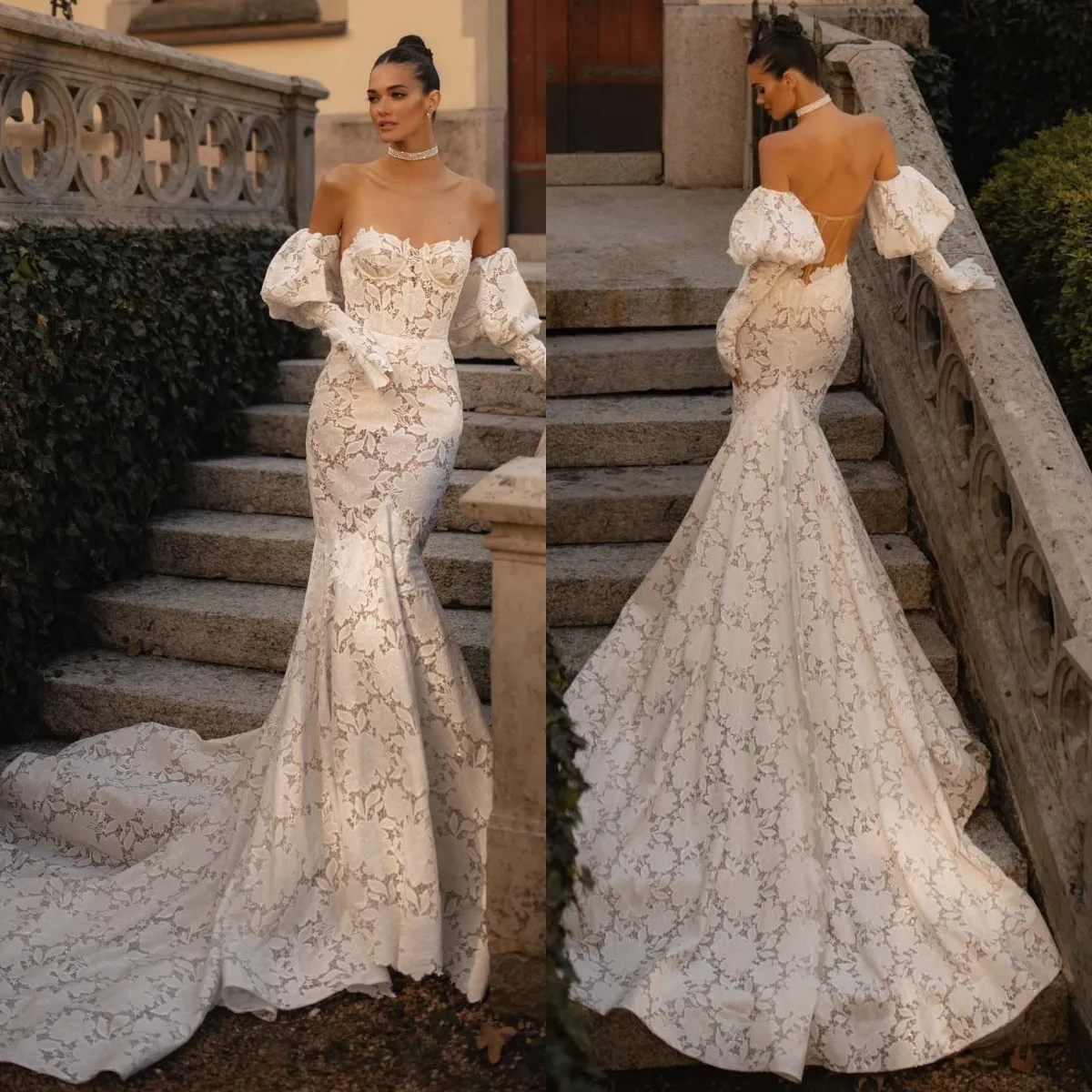 Berta Lace Mermaid -jurken Sweetheart puffy mouwen jurk sweep trein illusie rug bruidsjurken terug bruidsjurken