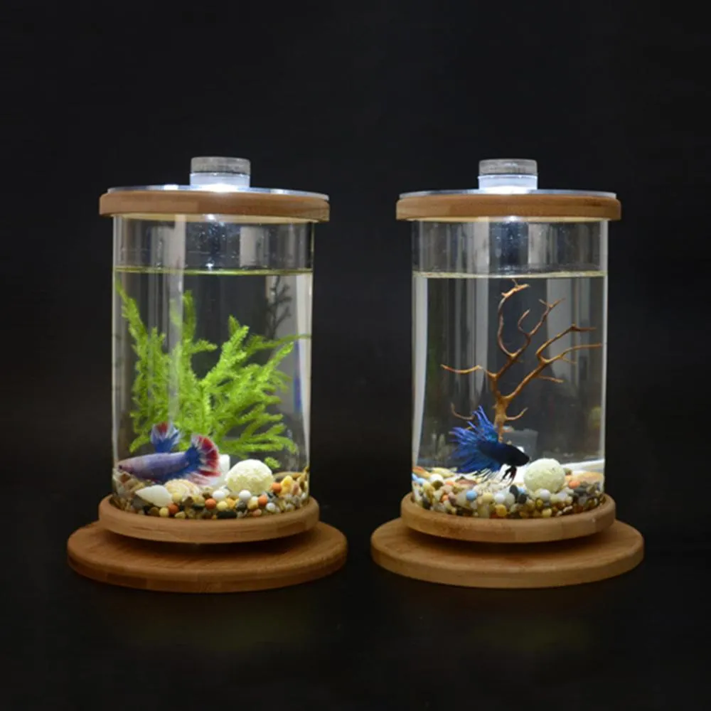 Rotatable Bamboo Stand & Glass Aquarium Fish Office Home Desktop Decor Small Fish Tank Cylinder Terrarium for Goldfish Betta