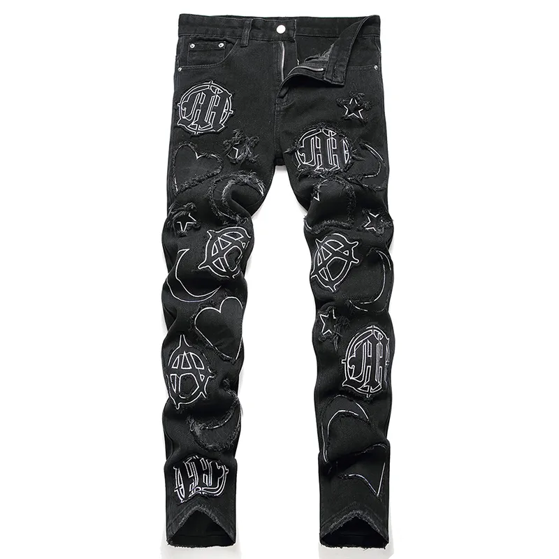 Black Punk Embroidered Black Slim Fit Jeans With Ripped