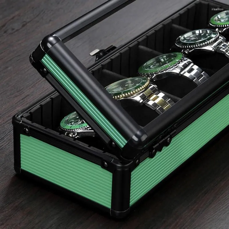 Titta på lådor Fall 5 -siffror Luxury Aluminium Storage Organizer Box Men Watches Dark Green Display Cabinet Case Showcase Deli22