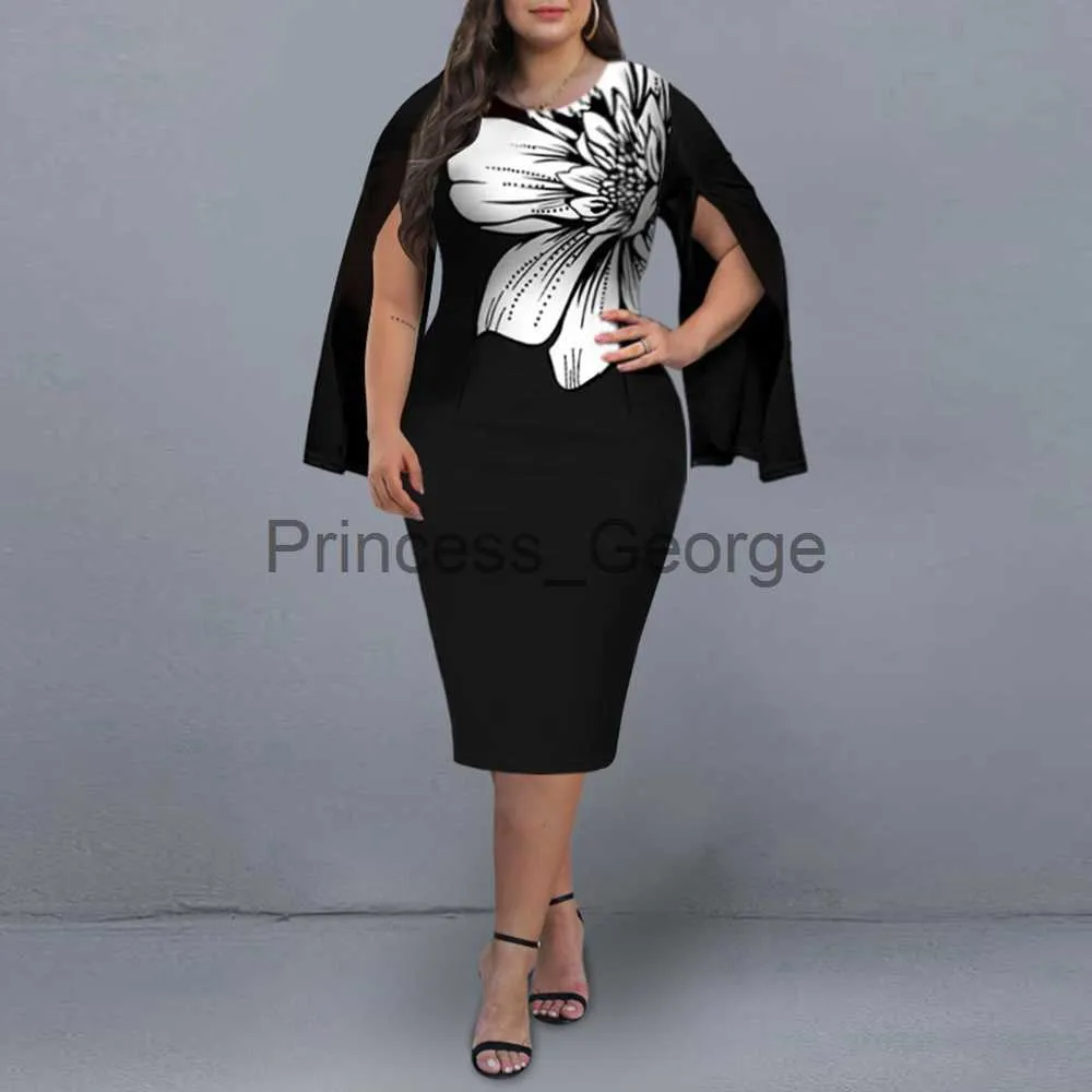 Vestidos Casuais Vestidos Plus Size 2021 Outono Elegante Dividido Manga Longa Vestido de Festa de Casamento Feminino Estampa Floral Vestido de Noite Preto 3XL 4XL 5XL x0625