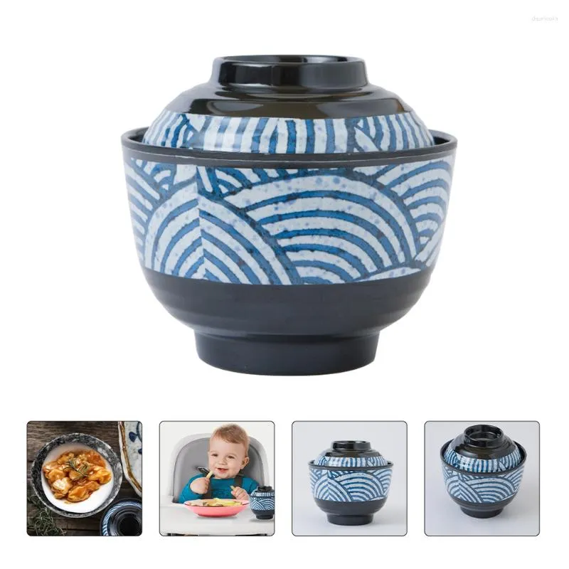 Dinnerware Sets Ceramic Fruit Bowl Soup Japanese Style Miso Noodle 10X10X9.5CM Lid Kitchen Rice Blue Melamine