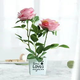 Decorative Flowers 2 Heads Roses Artificial Potted Simulation Rose Silk Flower Home Table Mall Fake Flores Plastic Pot Plants