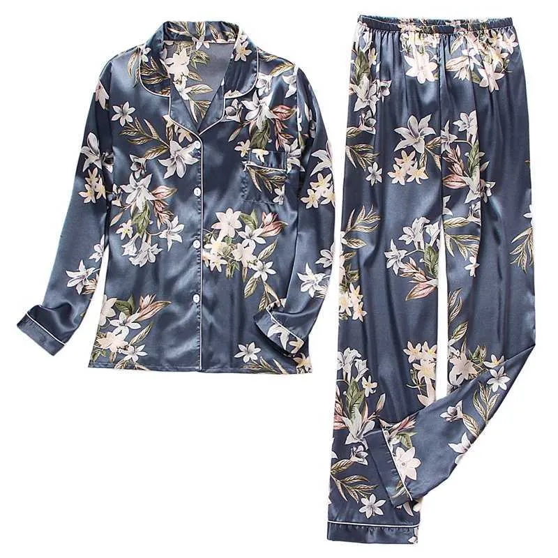 Kvinnors sömn lounge vår sommar pyjama kvinnor siden satin pyjamas set långärmad skjorta med byxa sömnkläder loungewear kvinnliga pyjamas passar mujer