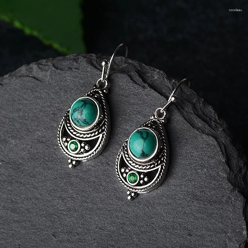 Dangle Earrings Retro 925 Silver Color Turquoise Earring For Women Bohemian Green Gemstone Orecchini Jewelry Bizuteria Garnet