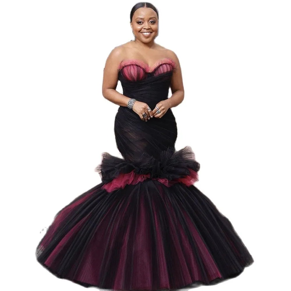 Fashion Black&Pink Tulle Mermaid Evening Dresses Sweetheart Ruched Tutu Formal Evening Gown Tiere Celebrity Dress