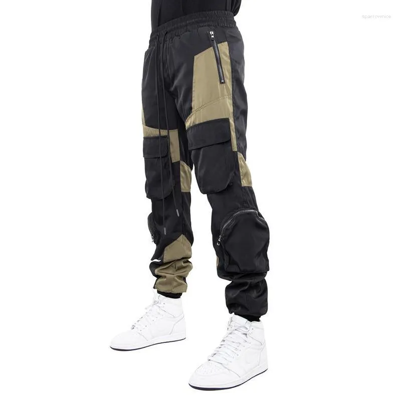 Calças Masculinas Bolso Lateral Cargo Hip-hop Combinação de Cores Casual Calças de Jogging Moda Rua Pantalones