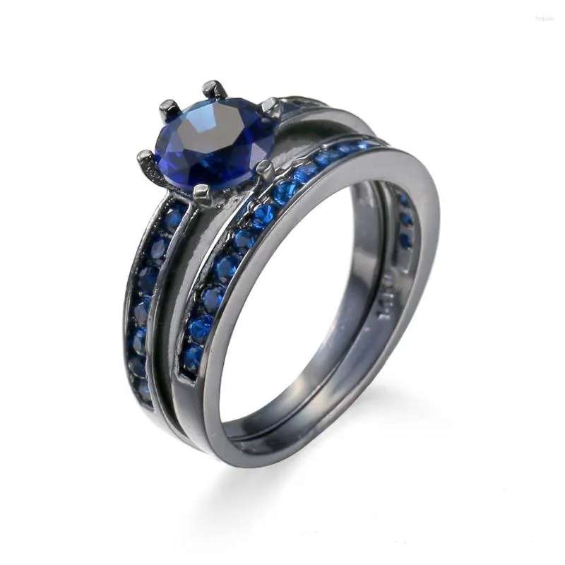 Wedding Rings Women/Men Black Gold Color Ring Zircon Cz Blue Birthstone Party Lover Band Bridal Sets For Women