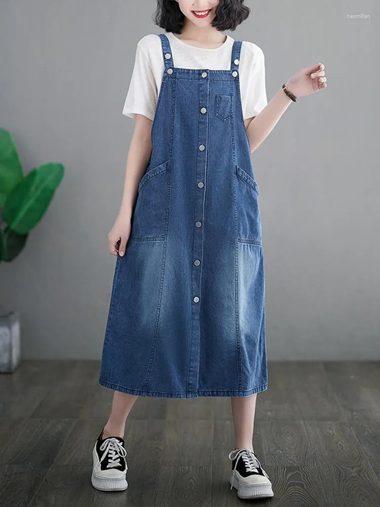 Casual klänningar 2023 Summer Korea ärmlös kvinna denim klänning mantel ete femme lös plusstorlek lång spänning jeans för kvinnor