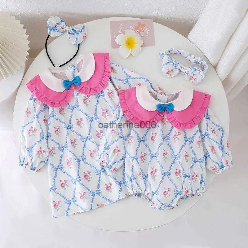 2023 Spring Sister Matching Wear Clothes For Kids Baby Girls Floral Tryckt A-Line Dress and Rumpers With Bowknot Girl Outfits L230625