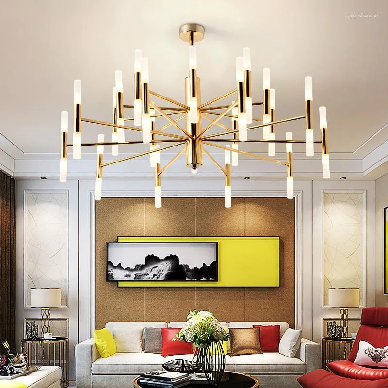 Lustres modernes en métal doré Led éclairage salon tiges acryliques pendentif lustre lumières chambre luminaires suspendus