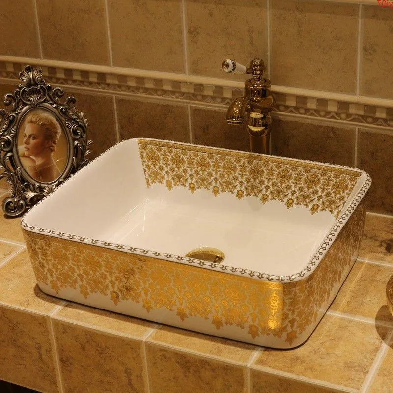 Lavabo rectangulaire en céramique de salle de bain en porcelaine dorée populaire en europe