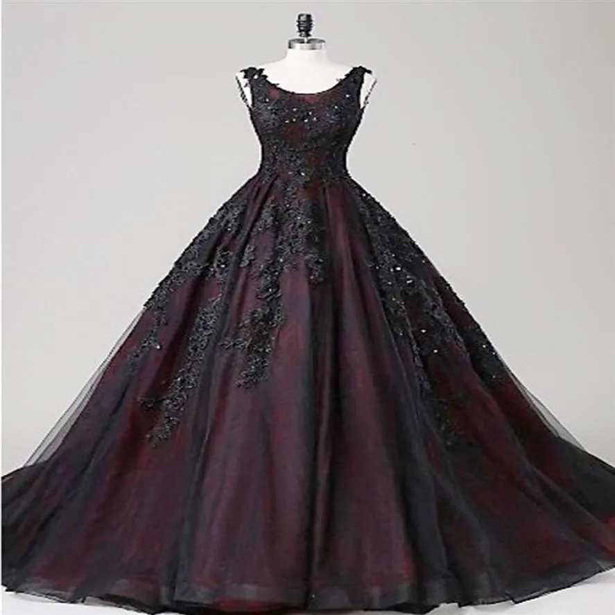 2021 Schwarz und Rot Gothic Brautkleider Ballkleid Scoop Perlen Spitze Tüll Korsett Zurück Prinzessin Nicht Weiß Brautkleider Custom Mad271d