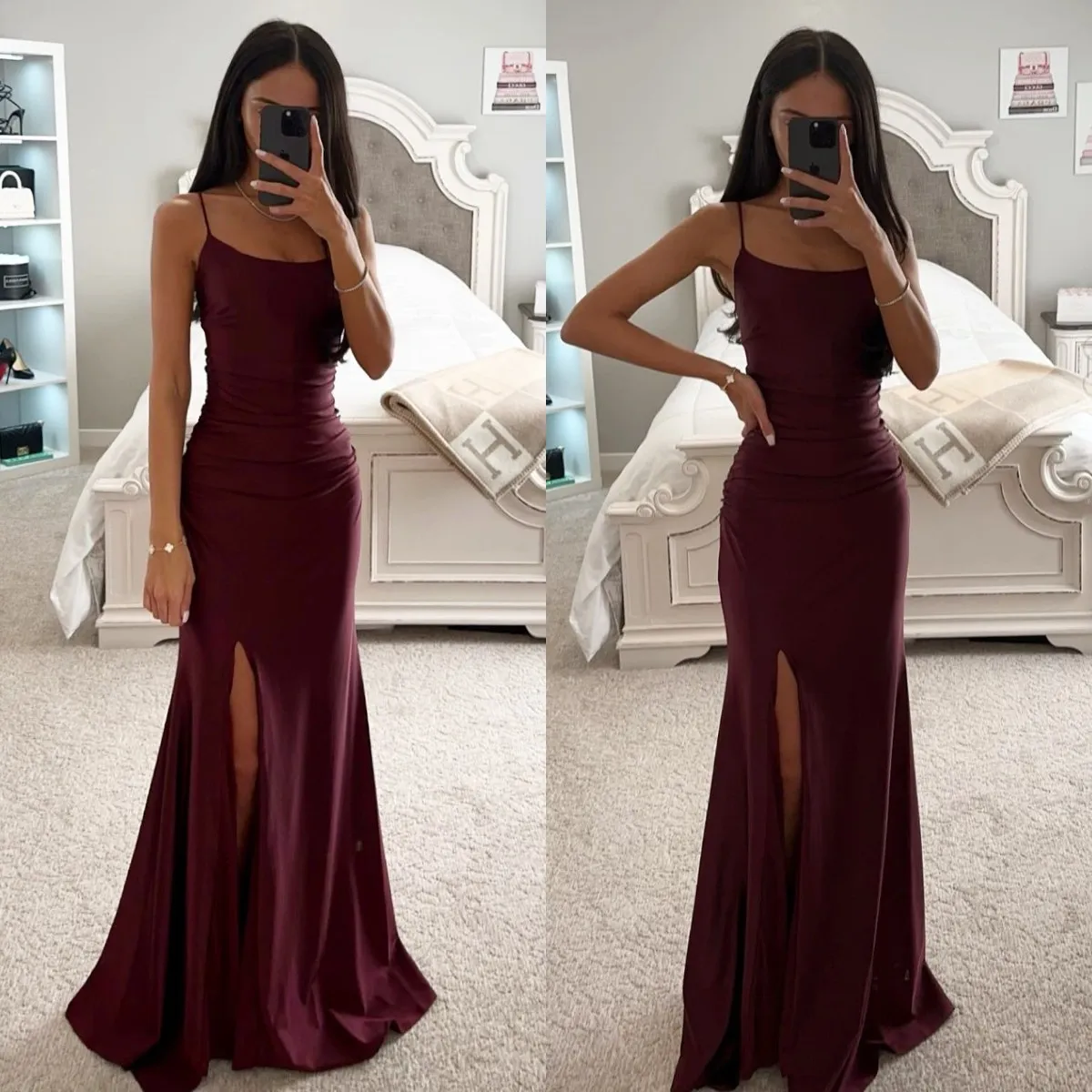 Fashion Burgundy Prom Dresses Spaghetti Evening Gowns Pleats Sheath Split Formal Red Carpet Long Special Occasion Party dress