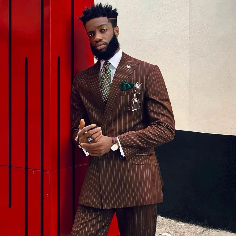 Brown Stripe Double Breasted Suit: Mens Slim Fit Tuxedo