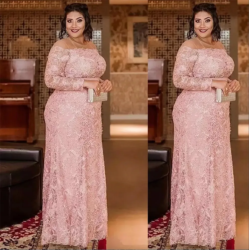 Rosa 2023 Mãe sexy da noiva vestidos jóias ilusão de jóia de mangas compridas Sereia de renda cheia comprimento de piso plus size vestidos de noite vestido de convidado de casamento