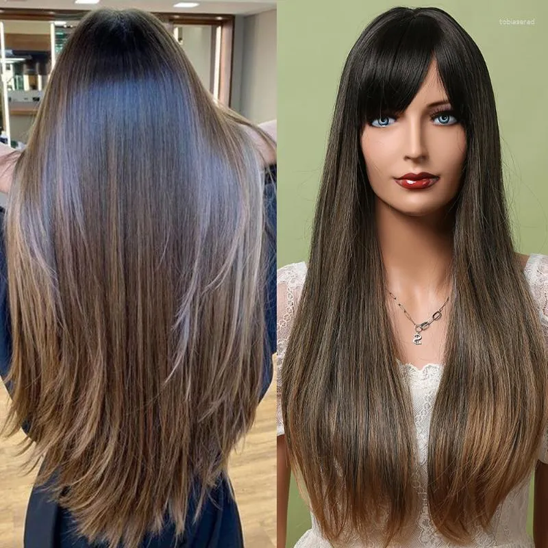 Natural Black highlights blonde straight hair with bangs for women's  everyday fake soft synthetic hair for the party holidays | SHEIN USA