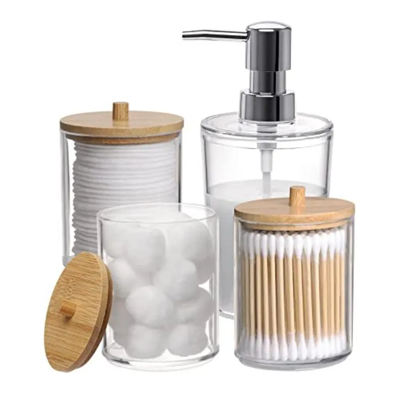 Setler 4pcs Bambu Banyo Aksesuarları Set Sıvı Losyon Sabun Dispenser Pamuk Ped Tutucu Banyo için Pamuk Kavanoz Akrilik Organizatör