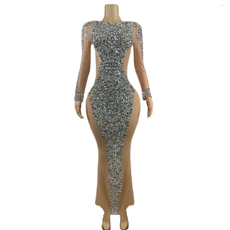 Desgaste de Palco Nu Brilhante Brilhante Cristal Sexy Vestido de Mangas Compridas Para Mulheres Roupas de Baile de Formatura Salão de Baile Trajes de Celebridades