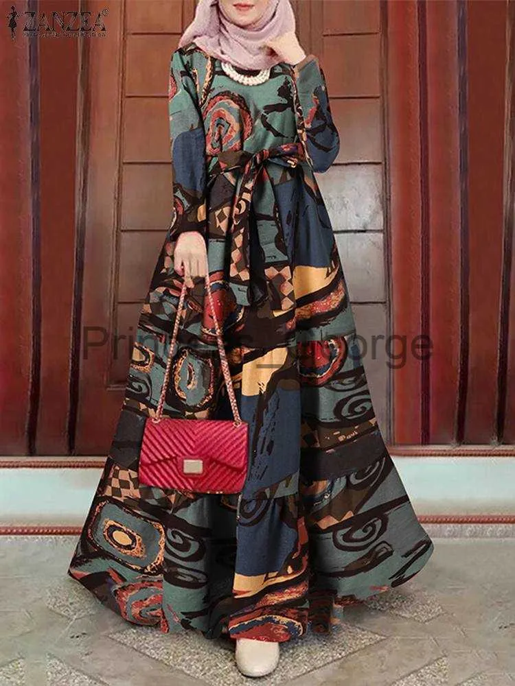 Robes Décontractées Femmes Vintage Dubaï Turquie Abaya Hijab Robe ZANZEA Printemps À Manches Longues Floral Imprimé Robe Musulmane Robe Femme Ramadan Robes x0625