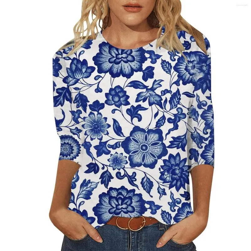 Kvinnors T -skjortor Summer Women's Round Neck Seven Point Sleeve Shirt Small Flower Printed Casual Soft and Bekväm toppar