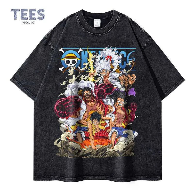 Herren T-Shirts Monkey D Luffy T-Shirt Streetwear Vintage Washed Anime One Piece T-Shirts Manga Sommer Kurzarm Übergroße Nika Tops Tees Männer J230625