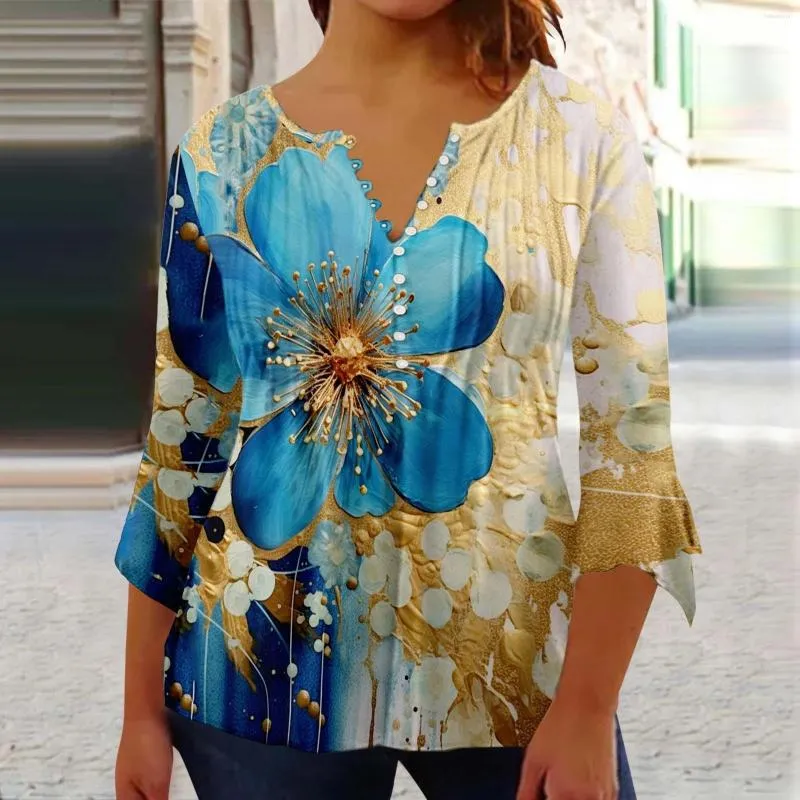 Blusas femininas moda elegante camisas de renda vazada túnica com estampa  floral blusa de verão elegante casual sino três quartos manga curta feminina