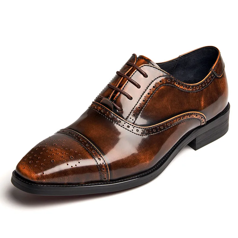 Mens Patent Leather Cap Toe Brown Lace Up Shoes Man Brogue Shoes