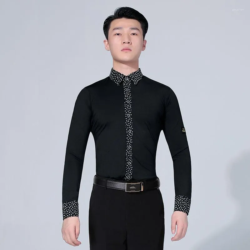 Abbigliamento da palcoscenico Camicia da ballo nera da uomo Concorso Performance Sala da ballo Salsa moderna Tango Samba Camicie latine Abbigliamento da ballo maschile