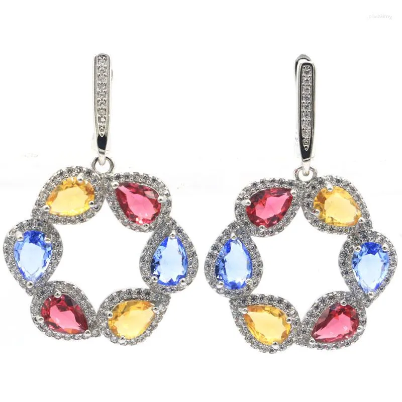 Boucles d'Oreilles Tige 40x26mm Multi Couleur Tanzanite Rhodolite Grenat Doré Citrine Vert Améthyste Blanc CZ Dames Fête Argent