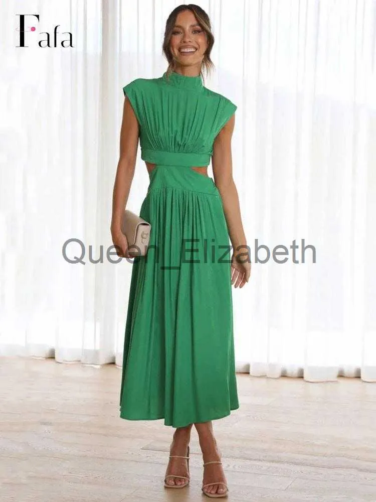 Casual Dresses Women Green Hollow Out Maxi Dress Solid Fashion Sleeveless Backless Female Dresses Elegant Casual Ruched Long Dress Summer 2023 J230625