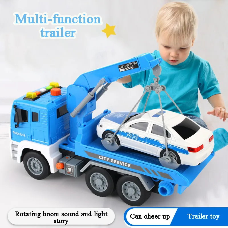 Diecast Model car Children'S Large Simulation Flatbed Rescue Trailer Toy Transporter Crane Engineering Team Boy Car Educational Toy Birthday Gift 230621