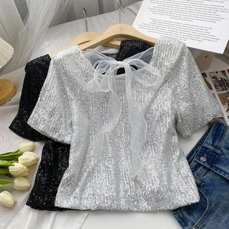 Bluzki damskie Koreańskie brokatowe Koronkowe Krótkie koszule dla dziewcząt Blask Bling O-Neck Pullover Woman Casual Tops Ubranie Kropl