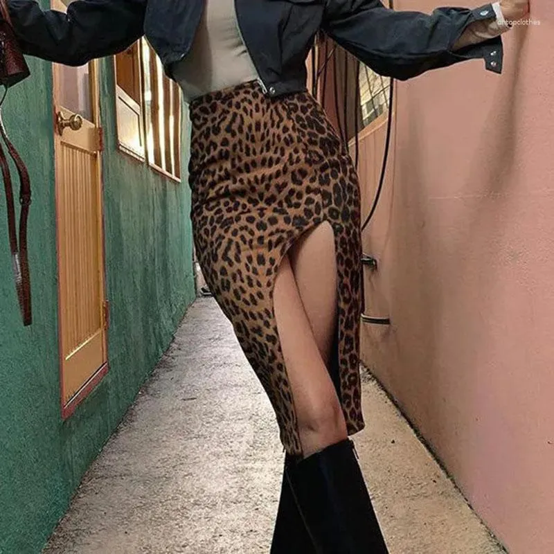 Röcke Sexy Leopard Print Split Bodycon Rock Frauen Mode Hohe Taille Slim Fit Midi Streetwear Bleistift Weibliche
