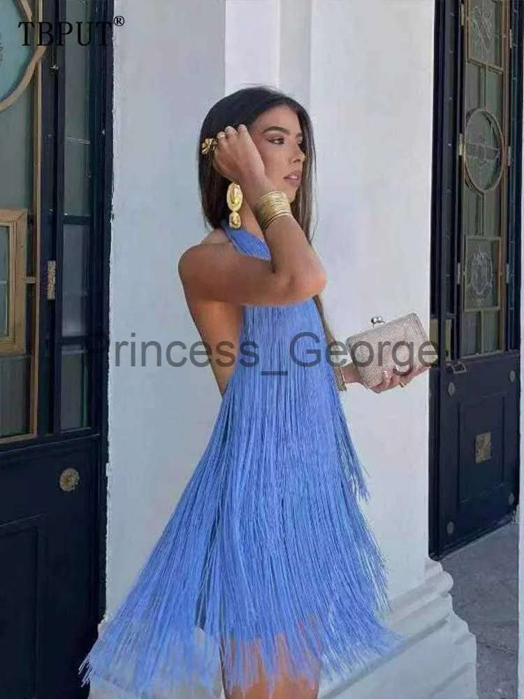 Повседневные платья 2023 Лето без спинки О шея без рукавов короткие vestidos sexy slim fringe fringe mini платья моды Ladies Night Club Party Hoots x0625