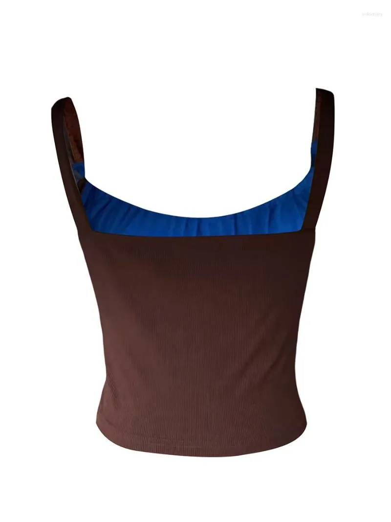 Kvinnors T-skjortor Kvinnor bindning Rem kontrast Färgtank top lågklippt halter Slim Fit Cami Vintage Patchwork Crop Y2K Summer Vest (Brown M)