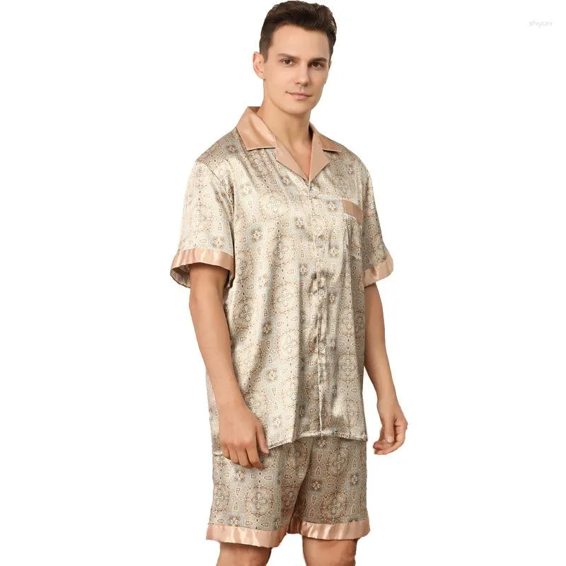 Männer Nachtwäsche Europäische Größe Pyjama Männer Gedruckt Kurzarm Shorts Pyjamas Für Set Große Büste Satin Seide Schlaf Tragen Pijamas