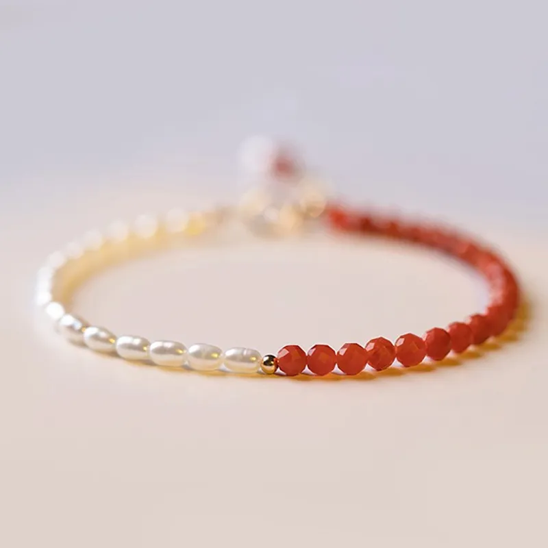 Natural South Red Agate Pärledarmband Small 2mm Rice Pearl Elastic Armband For Women Fashion Jewelry