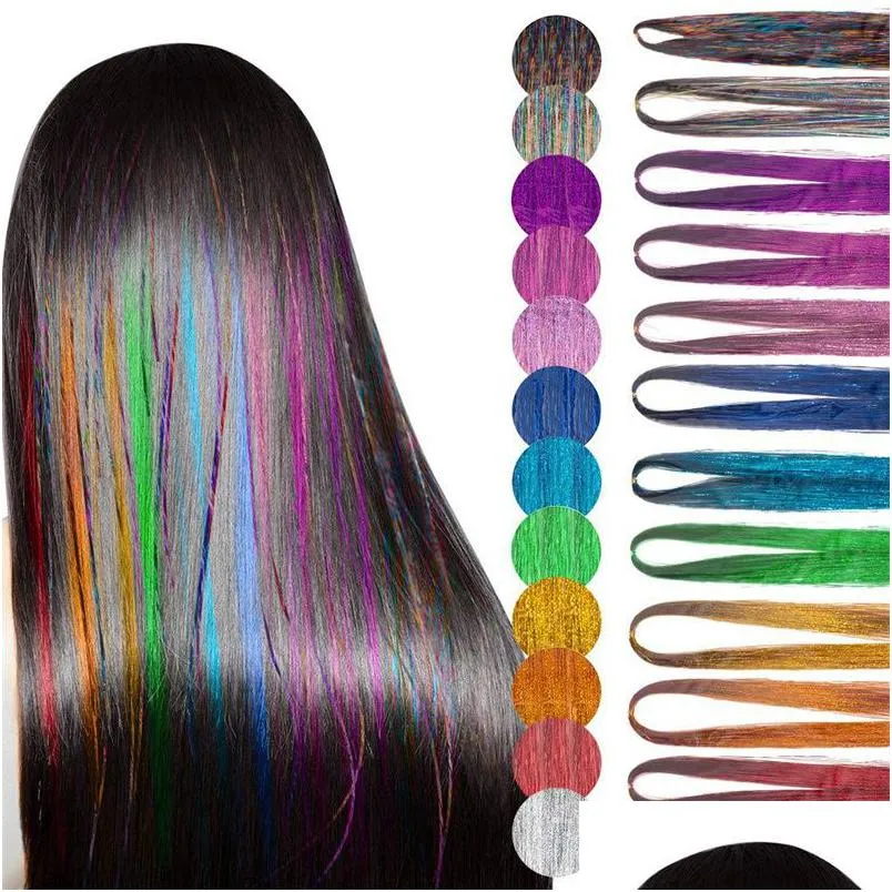 Accessoires De Cheveux 90Cm Longueur Étincelle Brillant Tinsel Arc-En-Soie Cheveux Extensions Dazzles Femmes Hippie Pour Tressage Coiffe Drop Del Dhklc