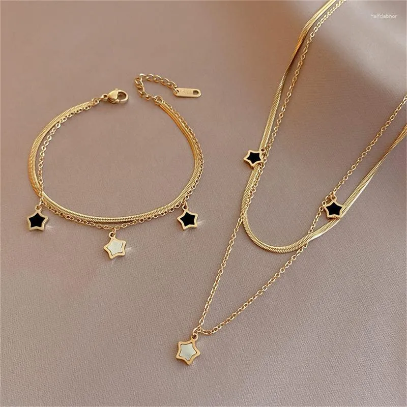 Collier boucles d'oreilles ensemble acier inoxydable multicouche chaîne coquille étoile Bracelet à breloques pour femmes tendance bijoux filles fête cadeaux