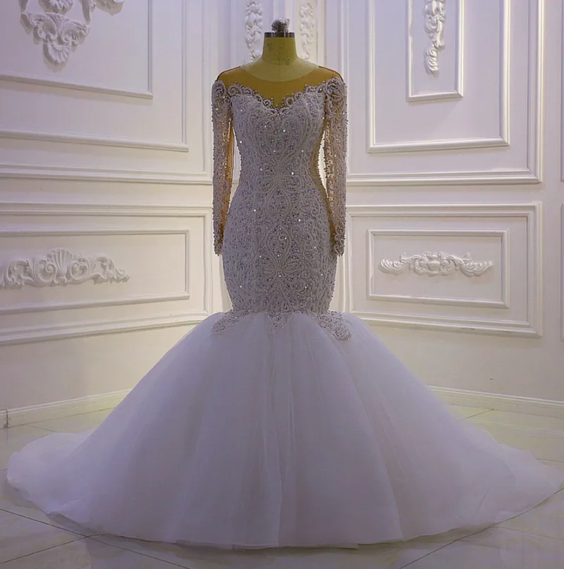 Luxus Meerjungfrau Hochzeit Kleid für Frauen 2023 Braut Scoop Perlen Kristall Brautkleider Arabisch Dubai Vestidos De Noiva