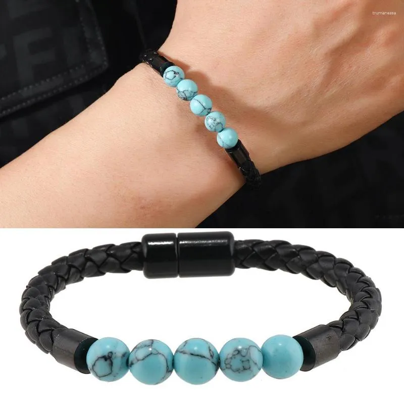 Charm Bracelets Beads Bracelet For Men Multi Color Natural Stone Magnet Clasp Trend Simple Men's Retro Leather Jewelry