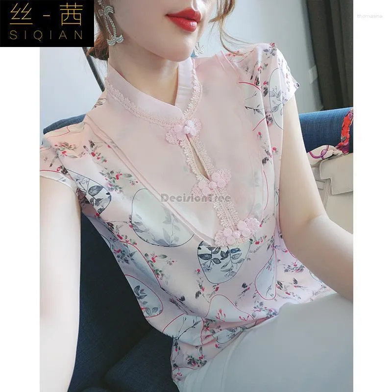 Vêtements ethniques 2023 chemisier en mousseline de soie à manches courtes femmes été amélioré Cheongsam Style imprimé mode col montant dentelle décontracté haut chinois