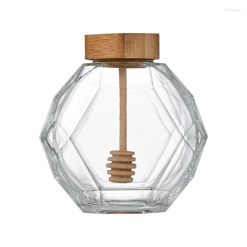 Förvaringsflaskor 380 ml honungsburk klar glasflaska med spiral drippare pinne och trä täckkruka för fruktsås BBQ