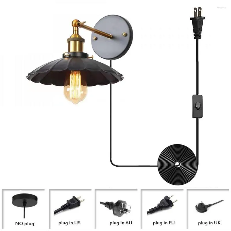 Lampada da parete vintage applique plug in cord antico applique orientabile illuminazione industriale luce in metallo nero