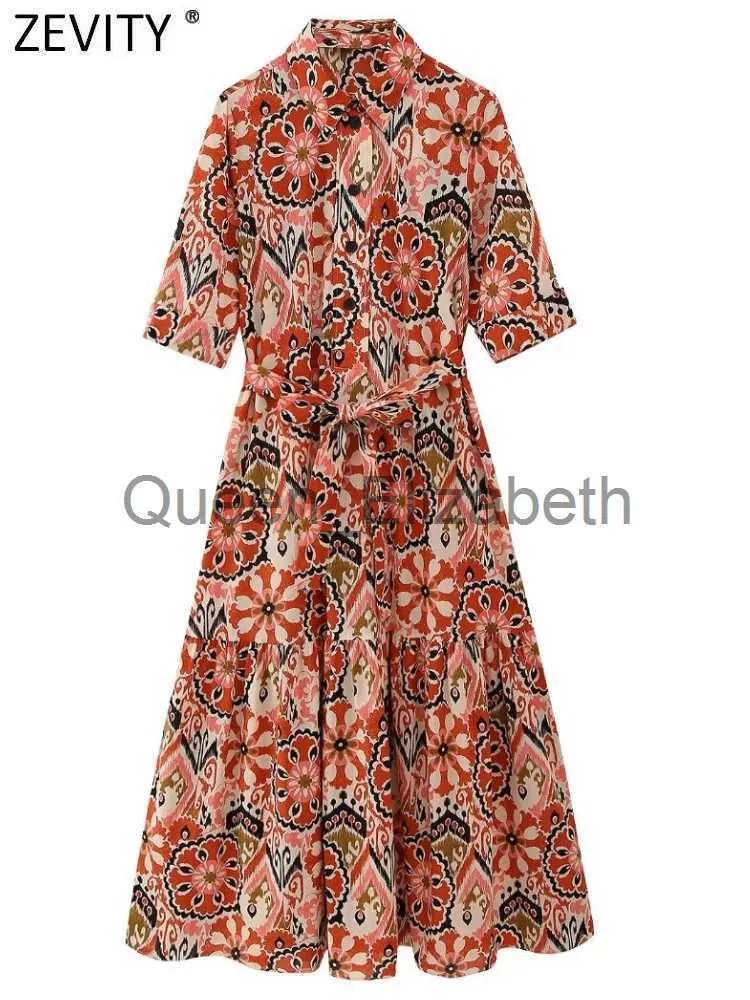 الفساتين غير الرسمية Zevity Women Vintage Totem Floral Print Court Style عارضة قميص Midi Fruck أنثى أنيقة قصيرة الأكمام القوس sashes Vestidos DS3947 J230625