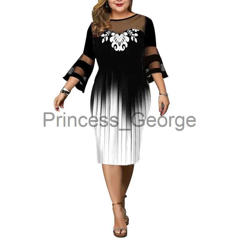 Casual Jurken Elegante Plus Size Jurk Print Ronde Hals Ruches 34 Lengte Flare Mouwen Bodycon Curvy Jurk Herfst Outfits Vrouwen Vestidos x0625