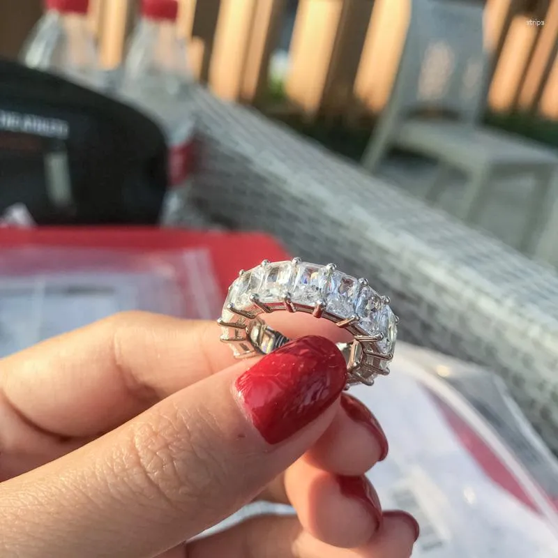 Cluster Anneaux Anziw American Full Eternity Band 4 6MM Radiant Cut Sona Simulé Diamant Bague De Mariage Pour Les Femmes Bijoux En Argent 925