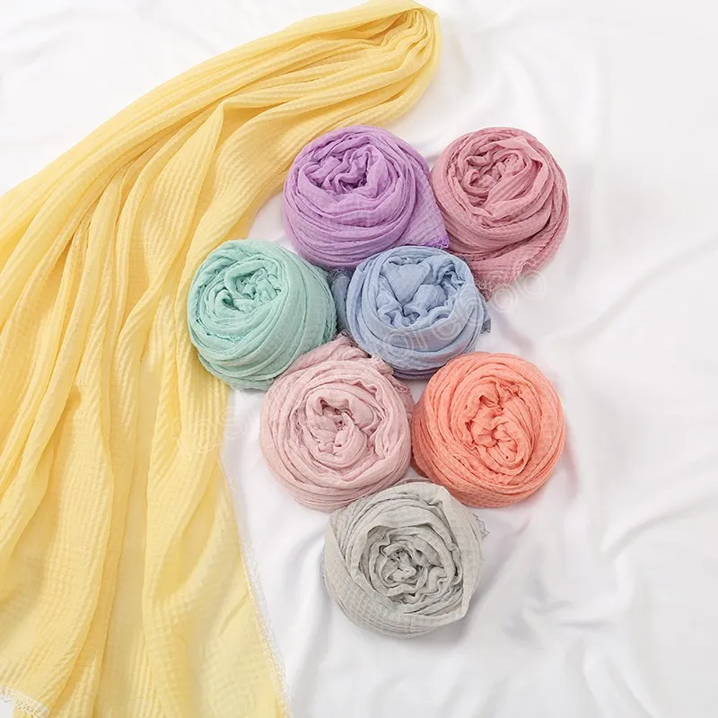 Fashion Wrinkle Cotton Viscose Scarf Lady Candy Color Lace Chain Shawls and Wraps Female Foulard Bufandas Muslim Sjaal 180*90Cm