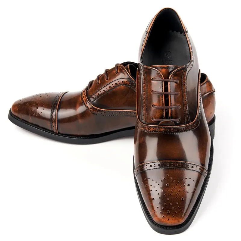 Mens Patent Leather Cap Toe Brown Lace Up Shoes Man Brogue Shoes